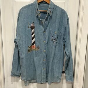 Woman’s Denim Button Up Long Sleeve Shirt, Lighthouse Coastal Cottagecore, Sz L